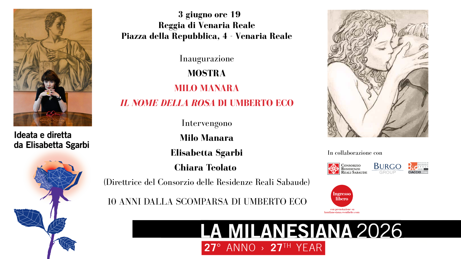 Locandina 3 giugno ore 19 Mostra Venaria Reale inaugurazione mostra Milo Manara
